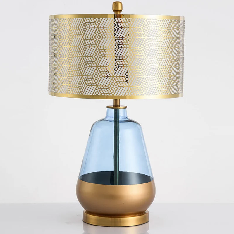Modern Luxury Blue Glass Bottle Metal Lamp Shade 1-Light Table Lamp for Bedroom