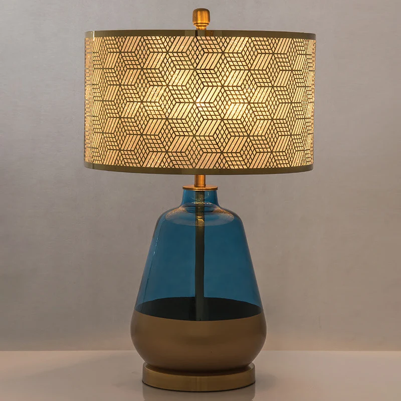 Modern Luxury Blue Glass Bottle Metal Lamp Shade 1-Light Table Lamp for Bedroom