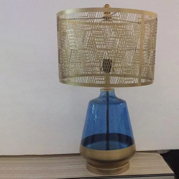Modern Luxury Blue Glass Bottle Metal Lamp Shade 1-Light Table Lamp for Bedroom