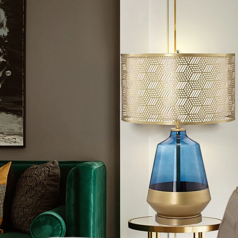 Modern Luxury Blue Glass Bottle Metal Lamp Shade 1-Light Table Lamp for Bedroom