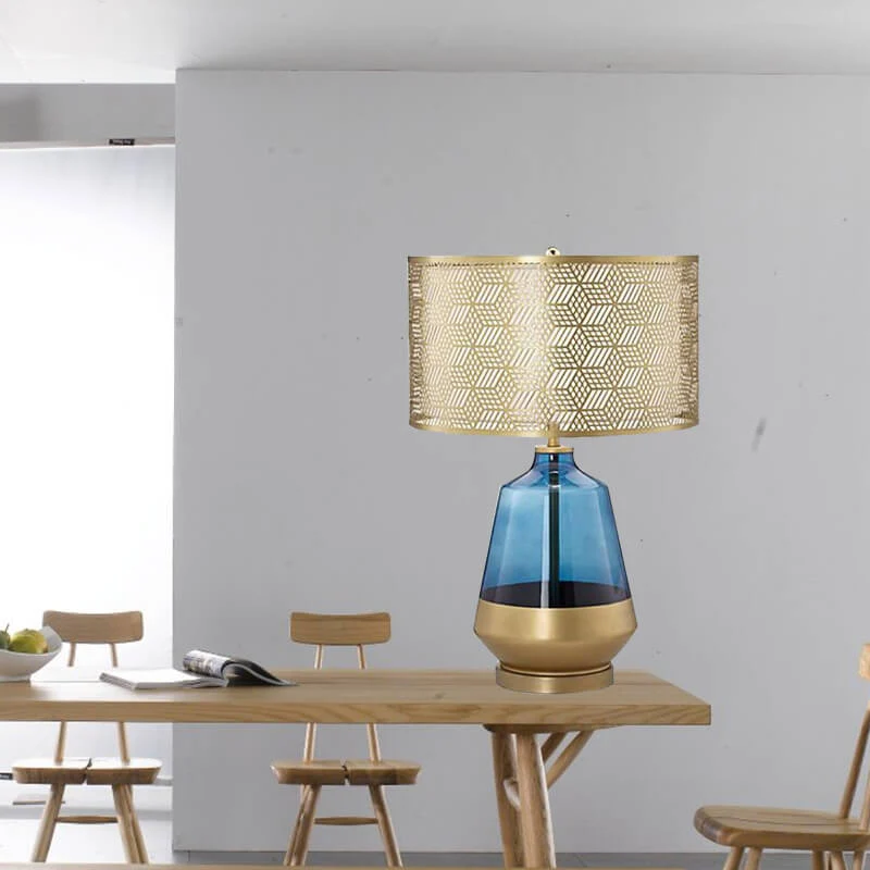 Modern Luxury Blue Glass Bottle Metal Lamp Shade 1-Light Table Lamp for Bedroom