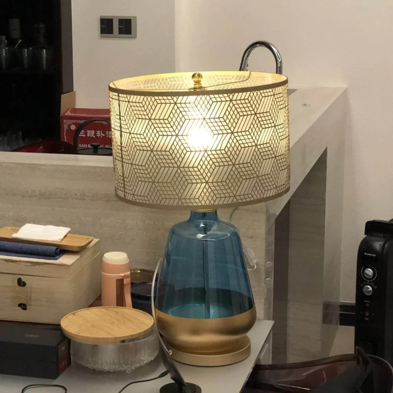 Modern Luxury Blue Glass Bottle Metal Lamp Shade 1-Light Table Lamp for Bedroom