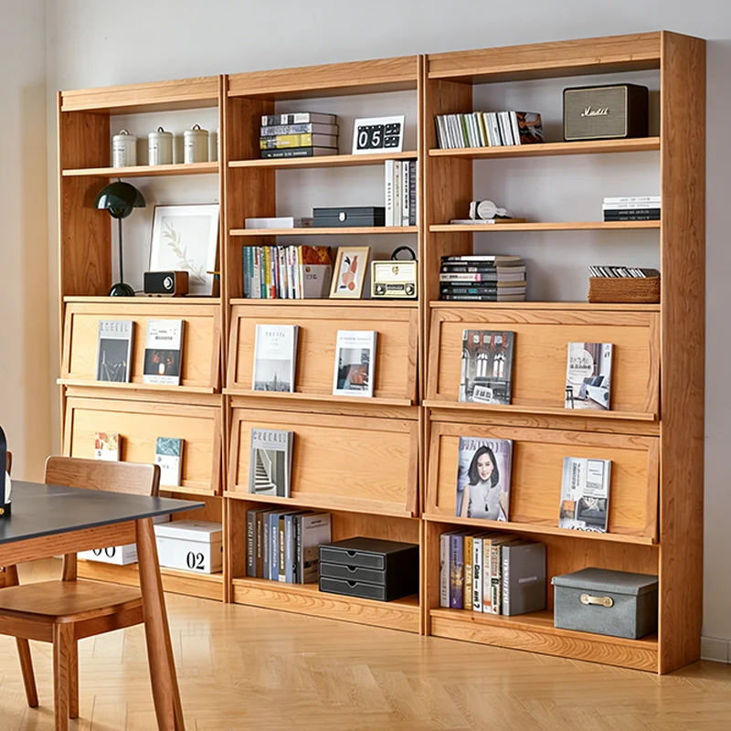 Contemporary Scandinavian Rectangular Cherry Wood Plywood Glass Bookshelf 6-Tier For Home Office
