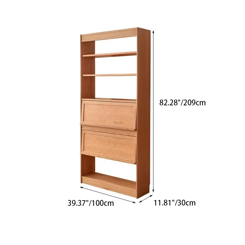 Contemporary Scandinavian Rectangular Cherry Wood Plywood Glass Bookshelf 6-Tier For Home Office