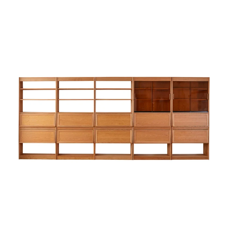 Contemporary Scandinavian Rectangular Cherry Wood Plywood Glass Bookshelf 6-Tier For Home Office