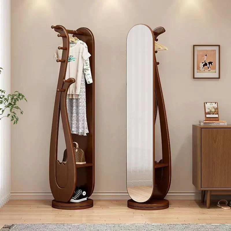 Traditional Chinese Round Pipa-Shaped Rubberwood Eucalyptus Wood Glass Rotating Full-Length Floor Mirror 2-Tier For Living Room