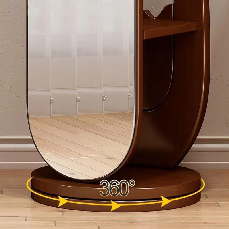 Traditional Chinese Round Pipa-Shaped Rubberwood Eucalyptus Wood Glass Rotating Full-Length Floor Mirror 2-Tier For Living Room