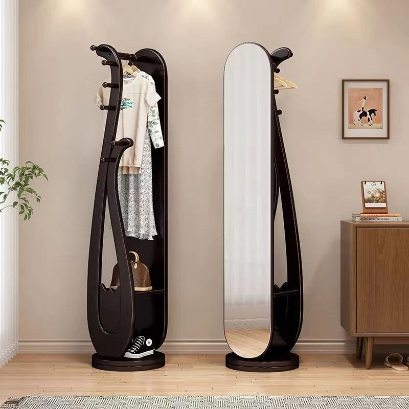 Traditional Chinese Round Pipa-Shaped Rubberwood Eucalyptus Wood Glass Rotating Full-Length Floor Mirror 2-Tier For Living Room