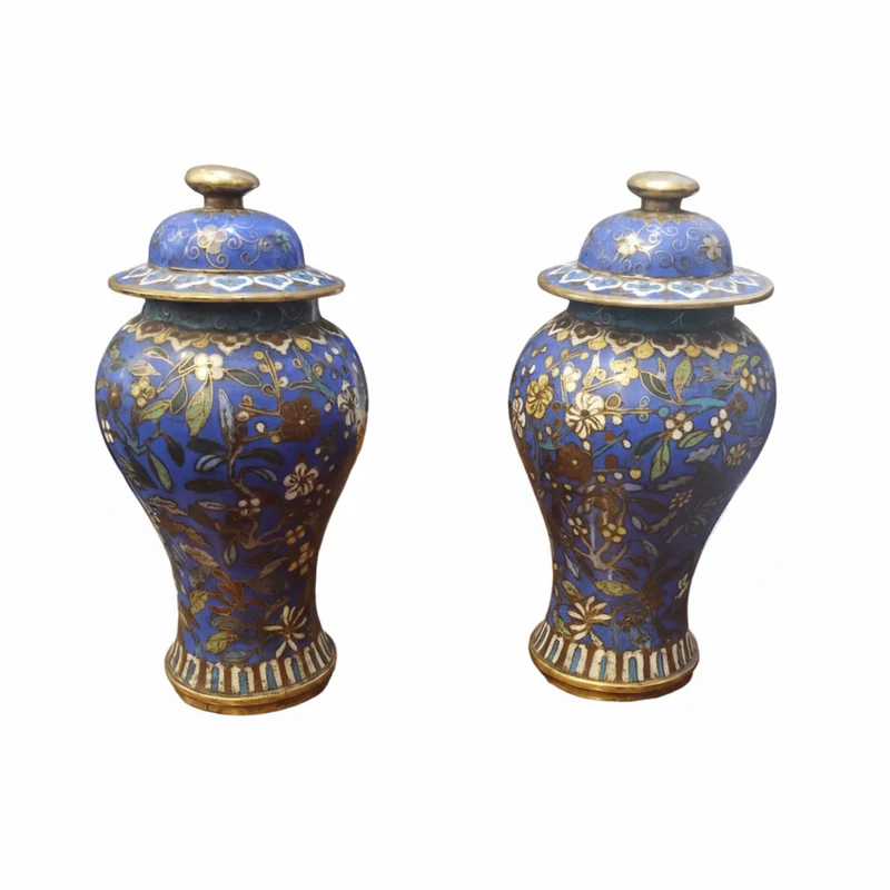 Antique pair of blue-toned cloissoné potiches