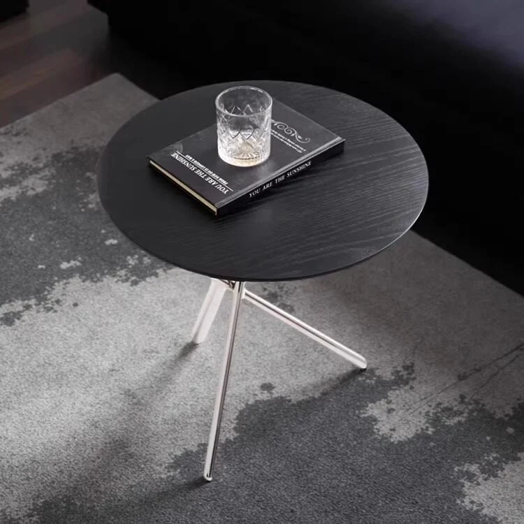Contemporary Nordic Solid Wood & Stainless Steel Round Side Table For Living Room