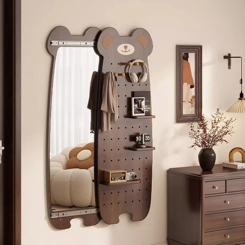 Contemporary Creative Particleboard Glass Bear-shaped Sliding Wall Mirror With DIY Pegboard Storage For Bedroom & Living Room