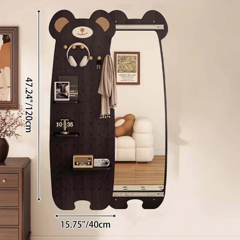 Contemporary Creative Particleboard Glass Bear-shaped Sliding Wall Mirror With DIY Pegboard Storage For Bedroom & Living Room