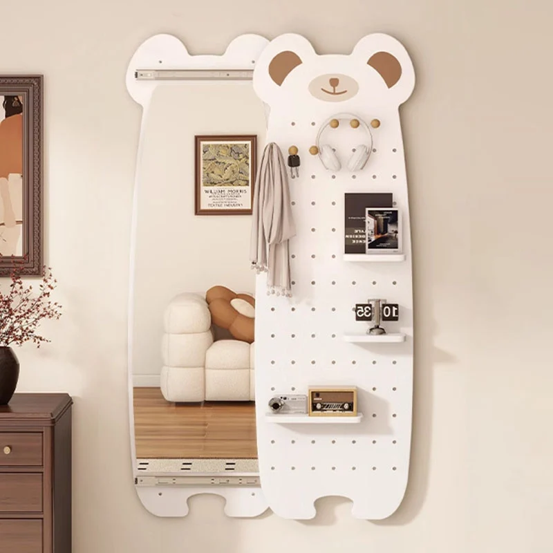 Contemporary Creative Particleboard Glass Bear-shaped Sliding Wall Mirror With DIY Pegboard Storage For Bedroom & Living Room