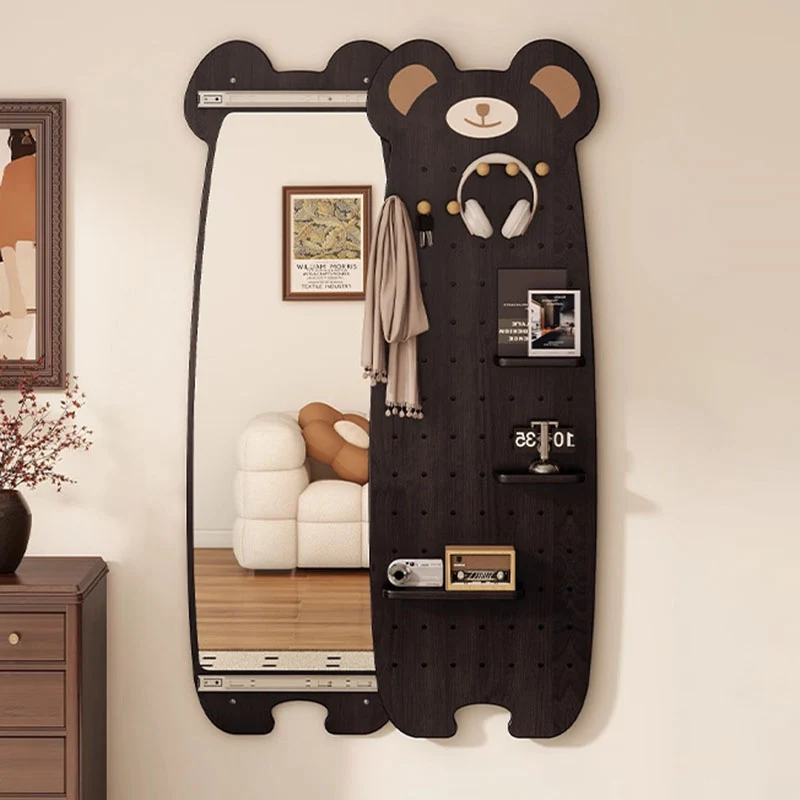 Contemporary Creative Particleboard Glass Bear-shaped Sliding Wall Mirror With DIY Pegboard Storage For Bedroom & Living Room