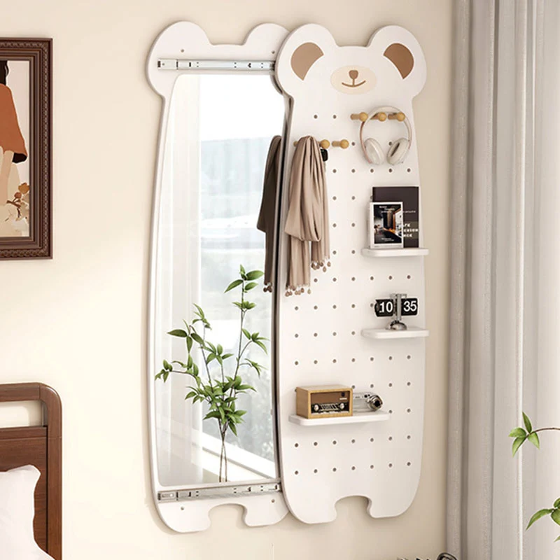 Contemporary Creative Particleboard Glass Bear-shaped Sliding Wall Mirror With DIY Pegboard Storage For Bedroom & Living Room