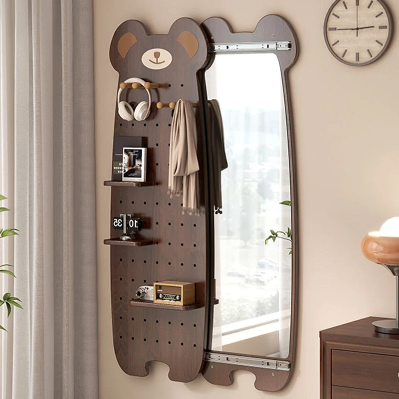 Contemporary Creative Particleboard Glass Bear-shaped Sliding Wall Mirror With DIY Pegboard Storage For Bedroom & Living Room