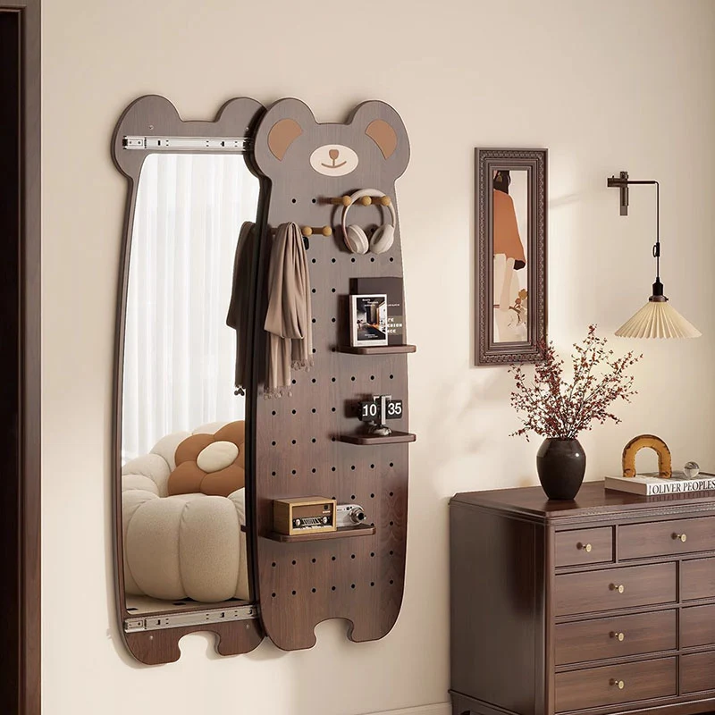 Contemporary Creative Particleboard Glass Bear-shaped Sliding Wall Mirror With DIY Pegboard Storage For Bedroom & Living Room