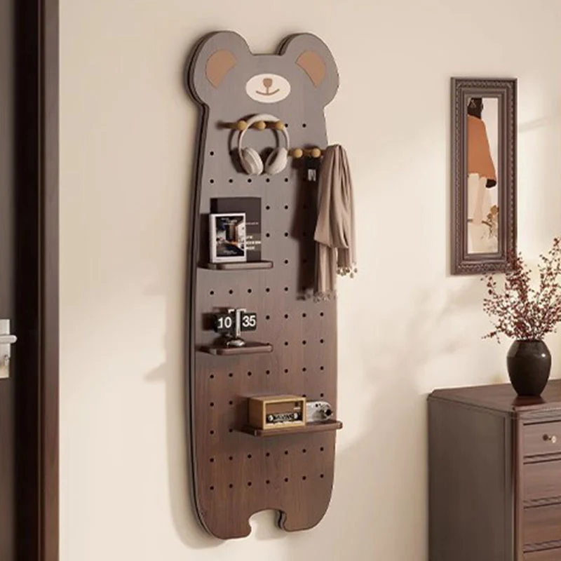 Contemporary Creative Particleboard Glass Bear-shaped Sliding Wall Mirror With DIY Pegboard Storage For Bedroom & Living Room
