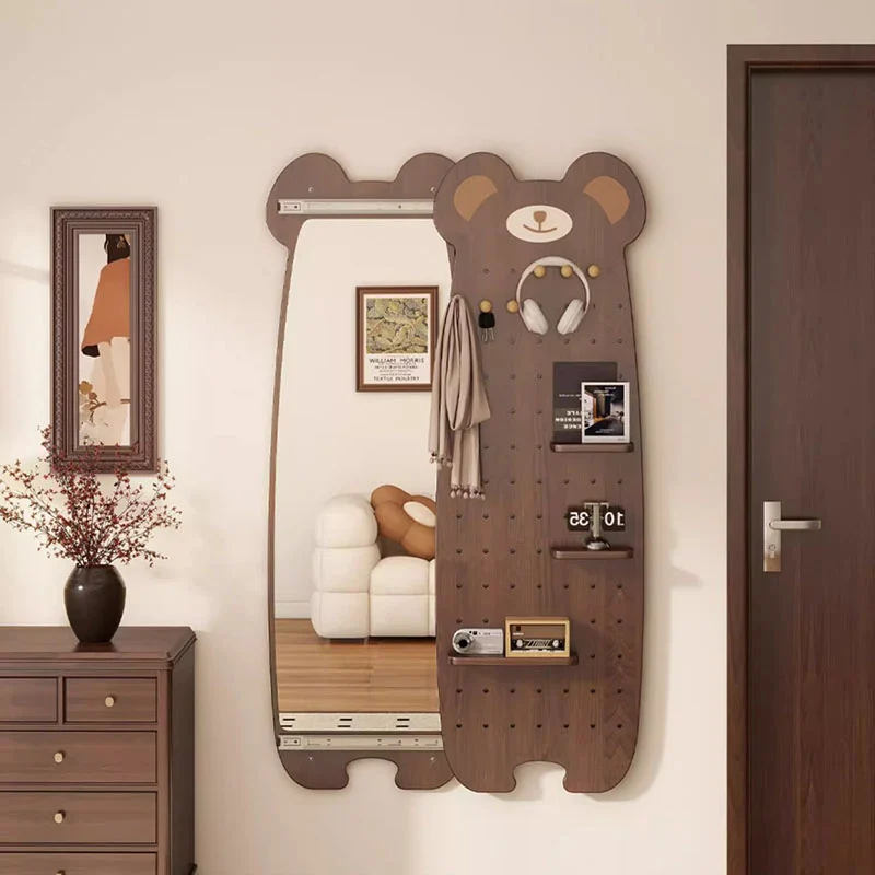Contemporary Creative Particleboard Glass Bear-shaped Sliding Wall Mirror With DIY Pegboard Storage For Bedroom & Living Room