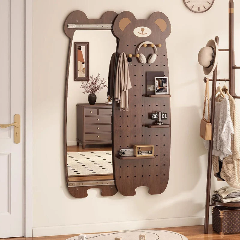 Contemporary Creative Particleboard Glass Bear-shaped Sliding Wall Mirror With DIY Pegboard Storage For Bedroom & Living Room