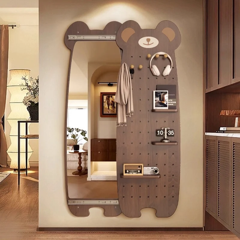 Contemporary Creative Particleboard Glass Bear-shaped Sliding Wall Mirror With DIY Pegboard Storage For Bedroom & Living Room