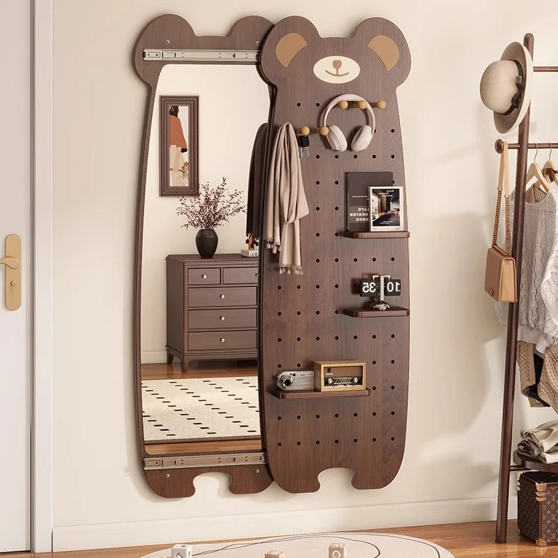Contemporary Creative Particleboard Glass Bear-shaped Sliding Wall Mirror With DIY Pegboard Storage For Bedroom & Living Room