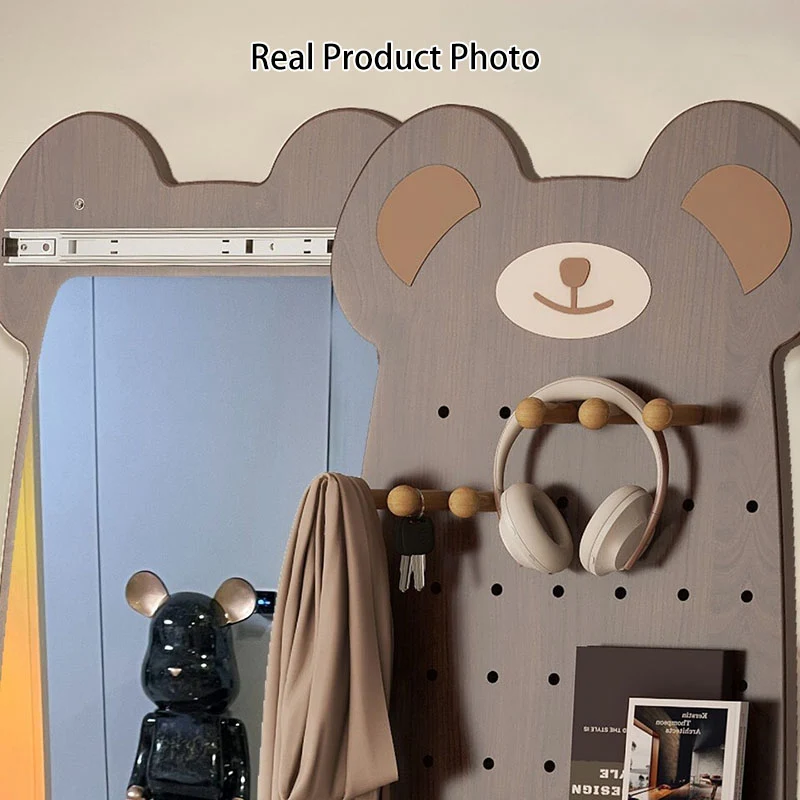 Contemporary Creative Particleboard Glass Bear-shaped Sliding Wall Mirror With DIY Pegboard Storage For Bedroom & Living Room