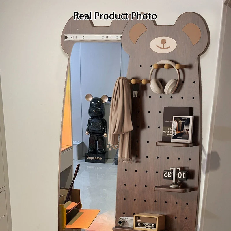 Contemporary Creative Particleboard Glass Bear-shaped Sliding Wall Mirror With DIY Pegboard Storage For Bedroom & Living Room