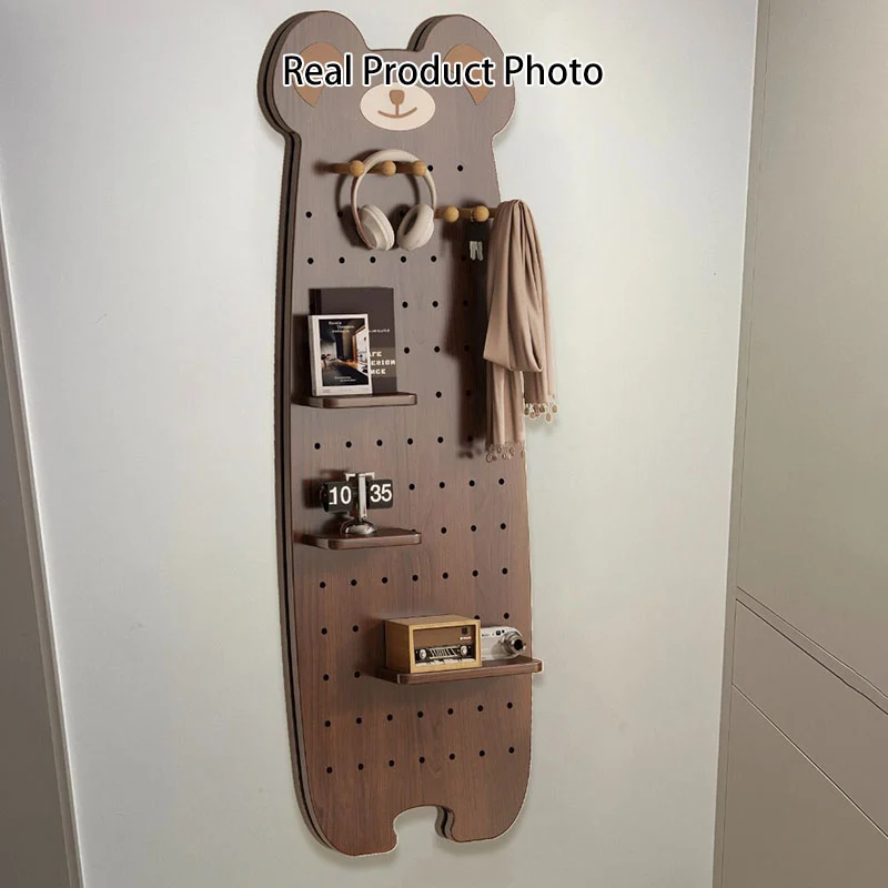 Contemporary Creative Particleboard Glass Bear-shaped Sliding Wall Mirror With DIY Pegboard Storage For Bedroom & Living Room