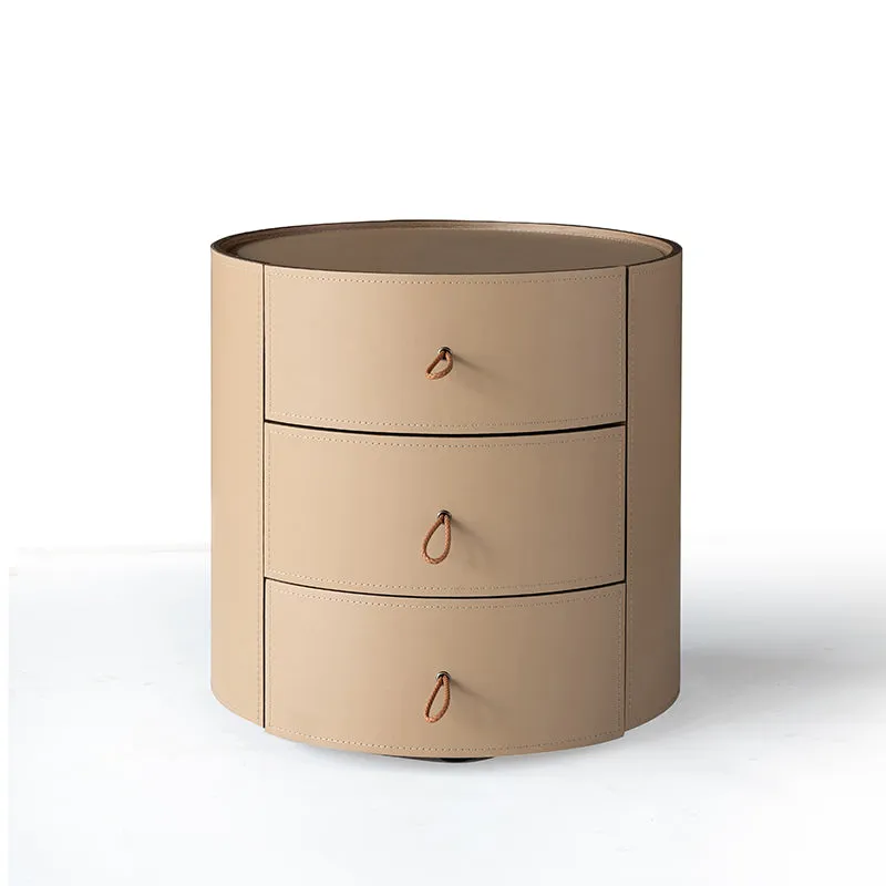Contemporary Beige Saddle-Style Faux Leather Bedside Table - Cylinder Round 3 Drawers Nightstand For Bedroom