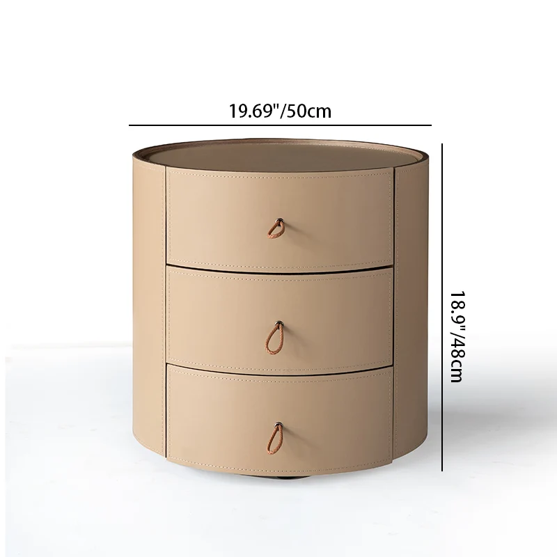 Contemporary Beige Saddle-Style Faux Leather Bedside Table - Cylinder Round 3 Drawers Nightstand For Bedroom