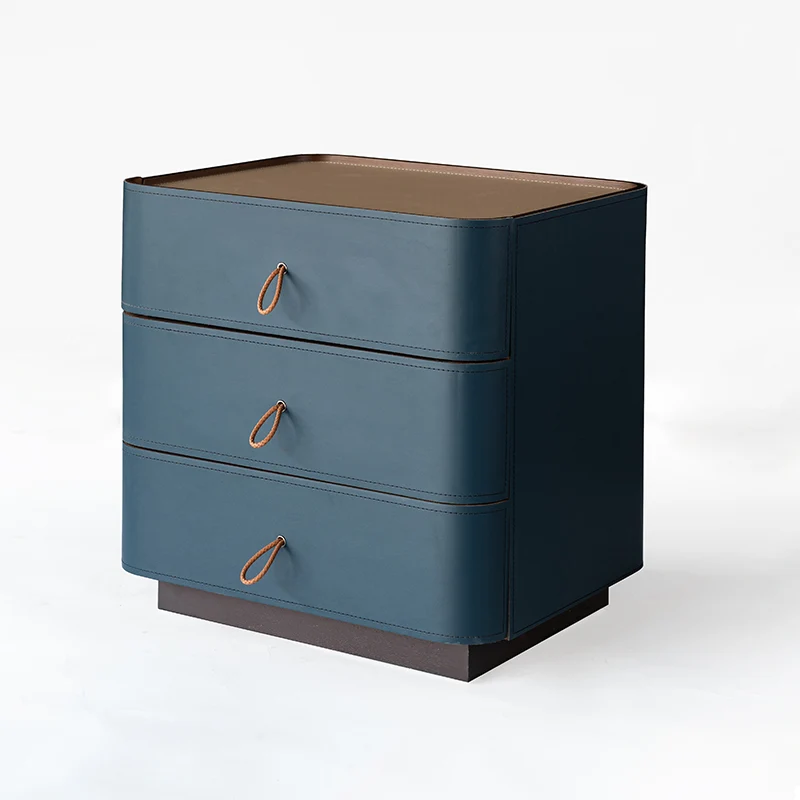 Modern Luxury Rounded Corner Curved Side Table - Saddle-Style Faux Leather 3-Drawer Nightstand For Bedroom