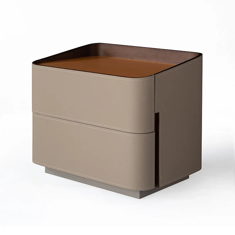 Modern Luxury Saddle-Style Faux Leather Side Table - Soft-Edge Square 2 Drawers Nightstand For Bedroom