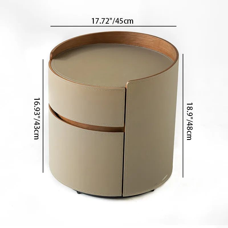 Traditional Chinese Saddle-Style Faux Leather Round Bedside Table - 2 Drawers Nightstand For Bedroom