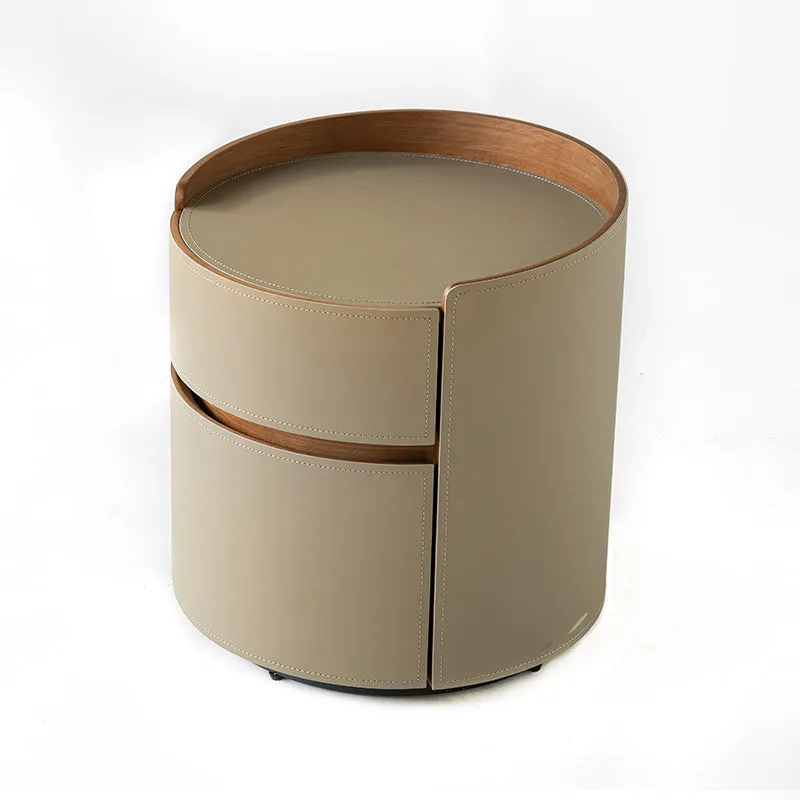 Traditional Chinese Saddle-Style Faux Leather Round Bedside Table - 2 Drawers Nightstand For Bedroom