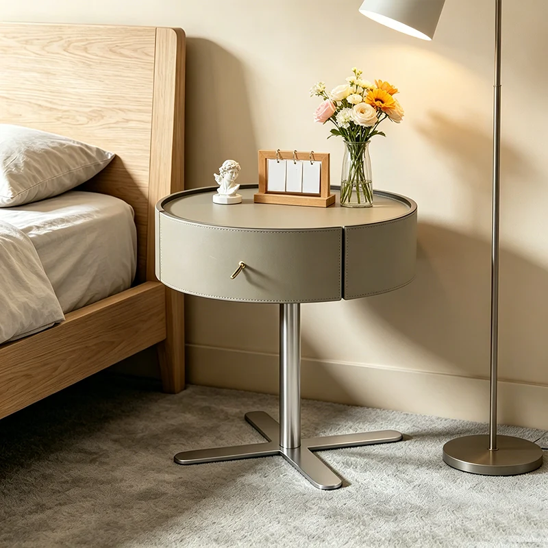 Contemporary Round Floating Nightstand With 1 Drawer - Saddle-Style Faux Leather Bedside Table For Bedroom