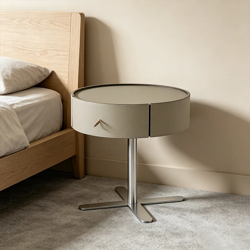 Contemporary Round Floating Nightstand With 1 Drawer - Saddle-Style Faux Leather Bedside Table For Bedroom