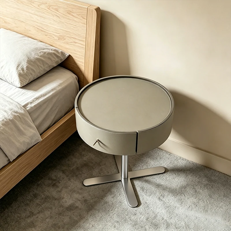 Contemporary Round Floating Nightstand With 1 Drawer - Saddle-Style Faux Leather Bedside Table For Bedroom
