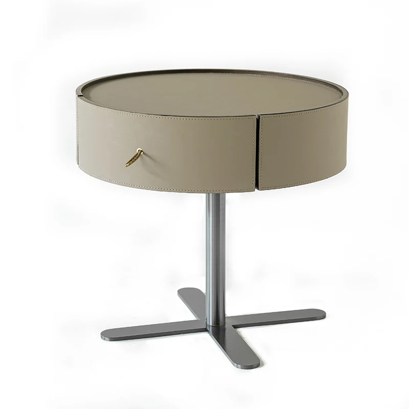 Contemporary Round Floating Nightstand With 1 Drawer - Saddle-Style Faux Leather Bedside Table For Bedroom
