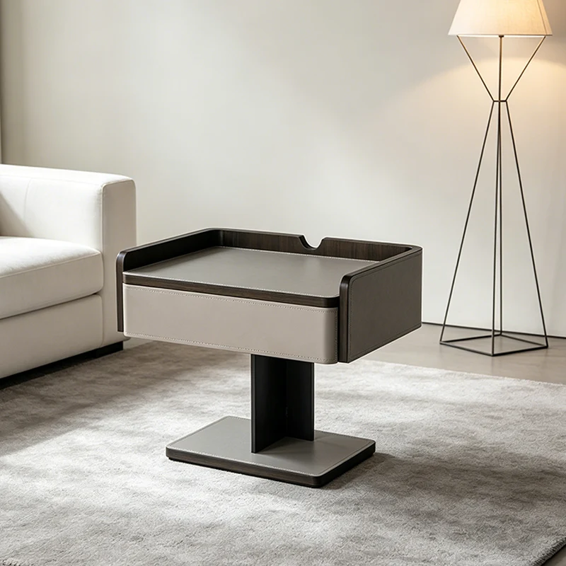 Contemporary Soft-Touch Saddle-Style Faux Leather End Table - Floating 1 Drawer Nightstand For Bedroom