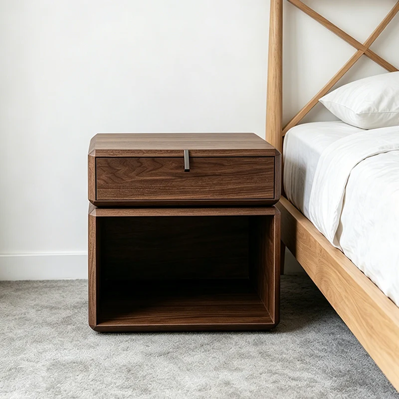 Traditional Chinese Clean Geometry Veneered Plywood Bedside Table - 1 Drawer Nightstand For Bedroom