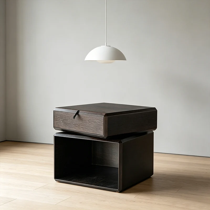 Traditional Chinese Clean Geometry Veneered Plywood Bedside Table - 1 Drawer Nightstand For Bedroom