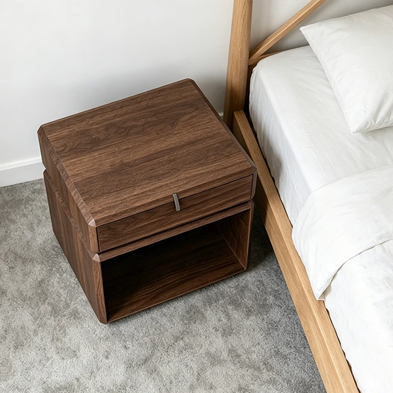 Traditional Chinese Clean Geometry Veneered Plywood Bedside Table - 1 Drawer Nightstand For Bedroom