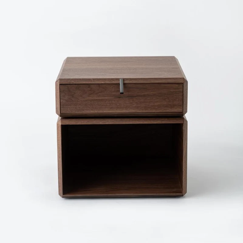 Traditional Chinese Clean Geometry Veneered Plywood Bedside Table - 1 Drawer Nightstand For Bedroom