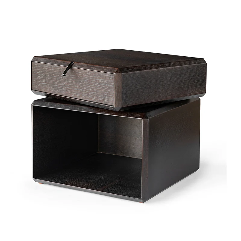 Traditional Chinese Clean Geometry Veneered Plywood Bedside Table - 1 Drawer Nightstand For Bedroom