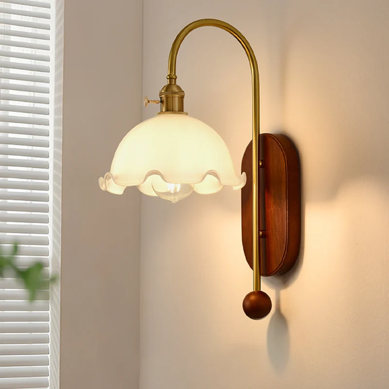 Traditional French Iron Solid Wood Glass Shade Flower 1-Light Wall Sconce Lamp For Bedroom