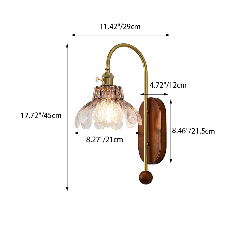 Traditional French Iron Solid Wood Glass Shade Flower 1-Light Wall Sconce Lamp For Bedroom