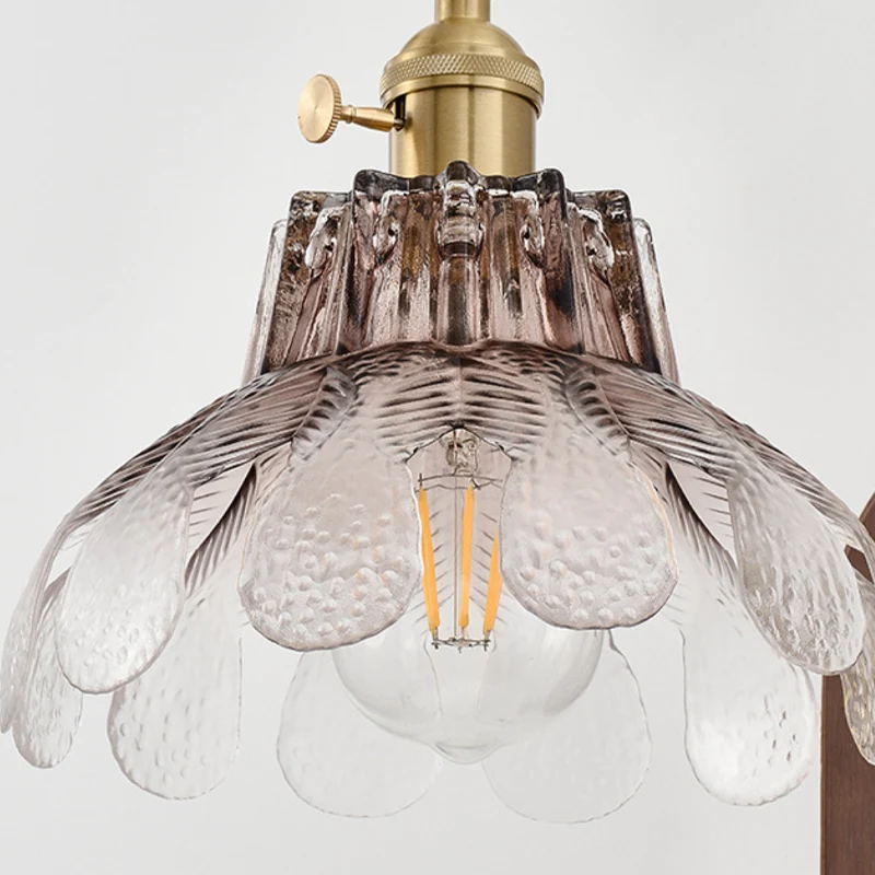 Traditional French Iron Solid Wood Glass Shade Flower 1-Light Wall Sconce Lamp For Bedroom