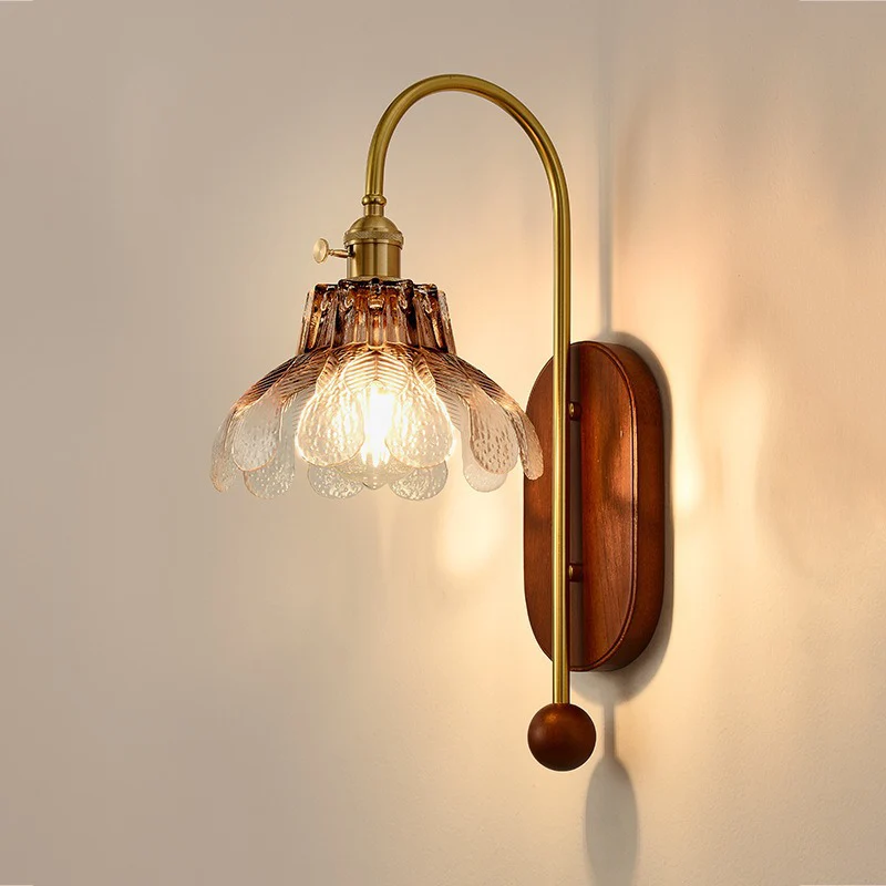 Traditional French Iron Solid Wood Glass Shade Flower 1-Light Wall Sconce Lamp For Bedroom