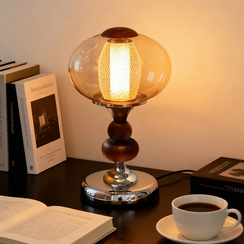 Contemporary Retro Palace Solid Wood Glass Iron Round LED Table Lamp For Living Room & Bedroom